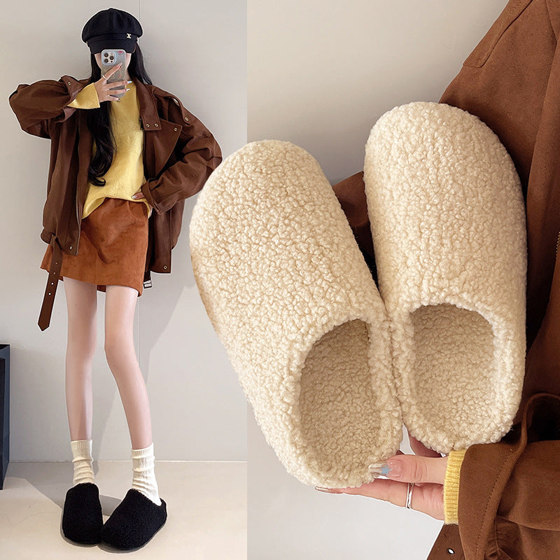 New arrival lambswool slippers for women outwearthick solepetitesheel toe kick plus fleece-linedheattechcouple cotton slippers
