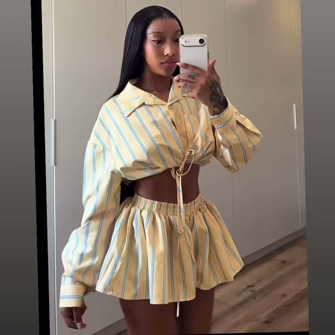 European and american cross-border women's fashion:  summer new arrivals - stylish striped tie-front shirt and high-waisted midi skirt set