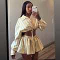 European and american cross-border women's fashion:  summer new arrivals - stylish striped tie-front shirt and high-waisted midi skirt set