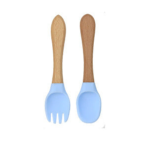 Factory direct sales silicone wooden handle complementary food fork and spoon  baby spoon baby training eating fork and spoon set wholesale