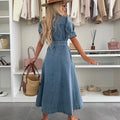 European and american cross-border independent station puff sleeve dress european and american fashion trendy single row multi-buckle long denim dress