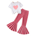Girls' outfit set: pearl heart short-sleeve top + flare pants set