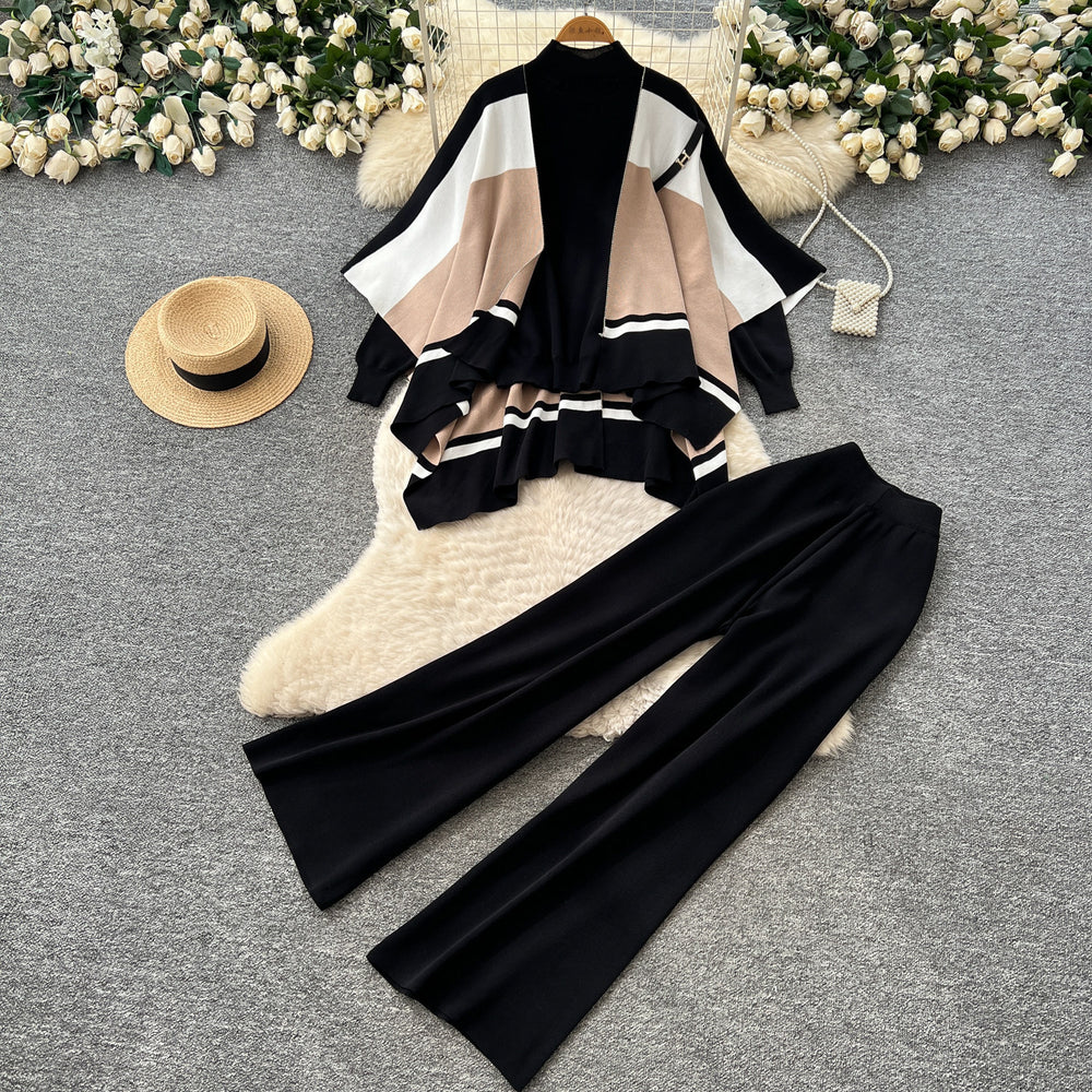 Light mature style knittingtops shawl outwearsuit women's autumwork clothingclassy wide-leg pants slimming look three-piece set