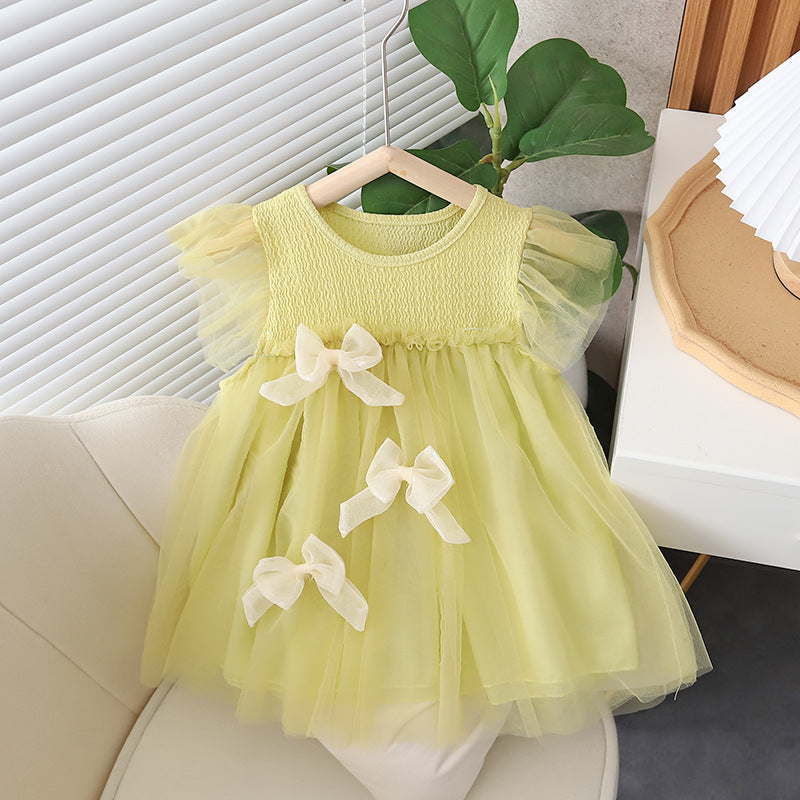 Girls' dress with flutter sleeves, summer baby girl mesh tutu dress, super fairy princess dress, performance bow trendy style