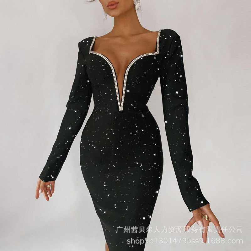 LZS3910  new women's clothing  black silver sprinkled flash v-neck dress
