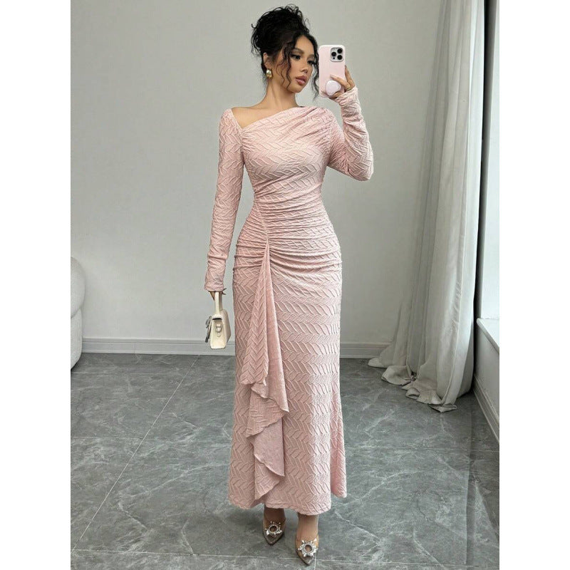 fashion  autumn new arrival elegance asymmetric slant neck waist ruffles long sleevesdress