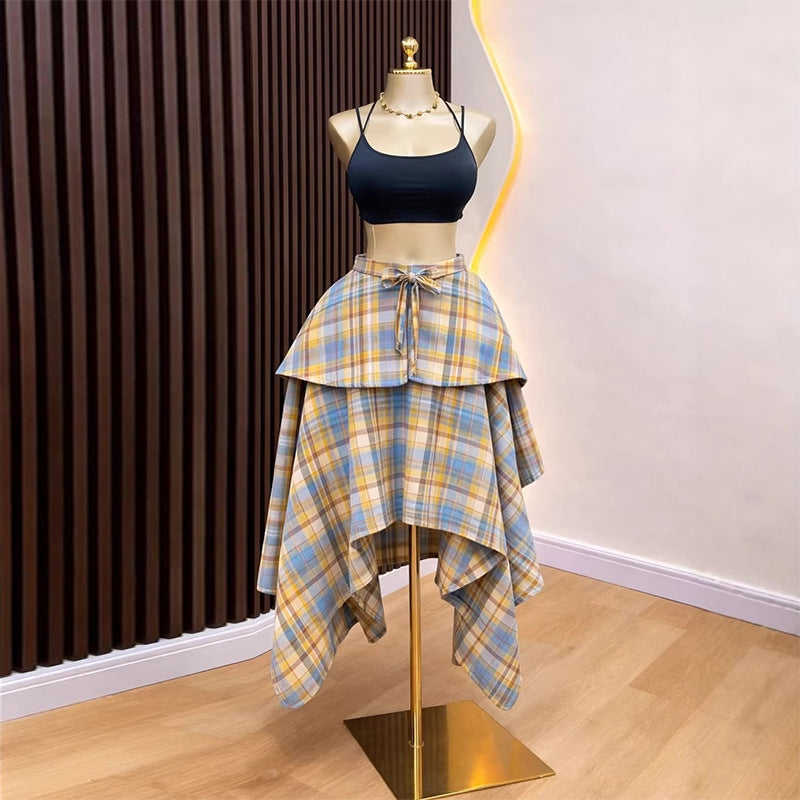 European and american cross-border women's fashion:  summer new arrival - high-waisted plaid layered midi skirt with asymmetrical hem