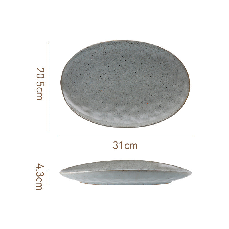 Retro stoneware oval ceramic long plate restaurant for home large capacity stylish fish plate sushi pastry dessert plate