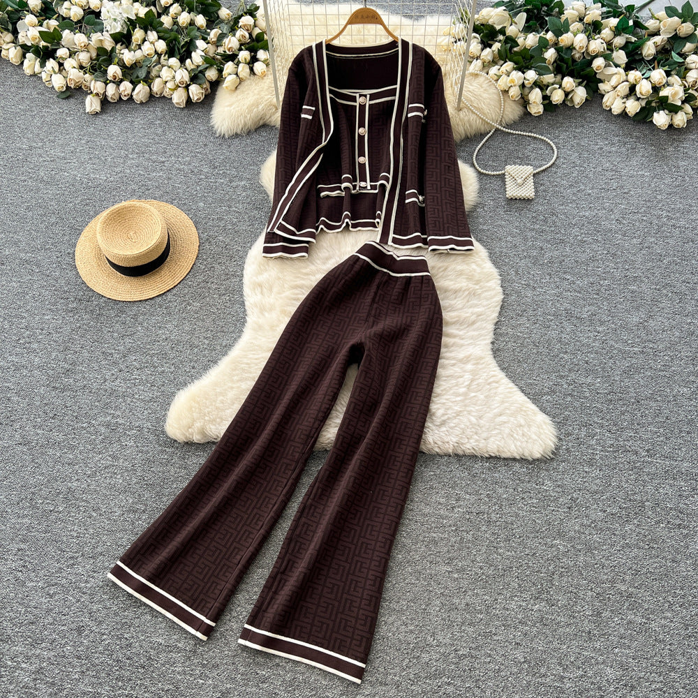 Xiaoxiangfeng fashionablesuit women's contrast color camisole knittingcardiganoutwearhigh waistloose pants three-piece set