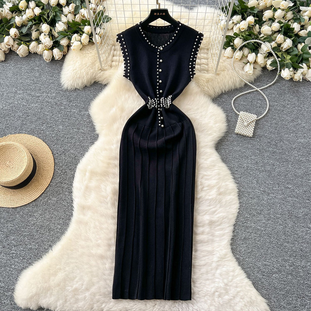 Celebrity fashion heavy industry beading round neck sleeveless knittingdress women's summersexyslimming look medium longsweater skirt