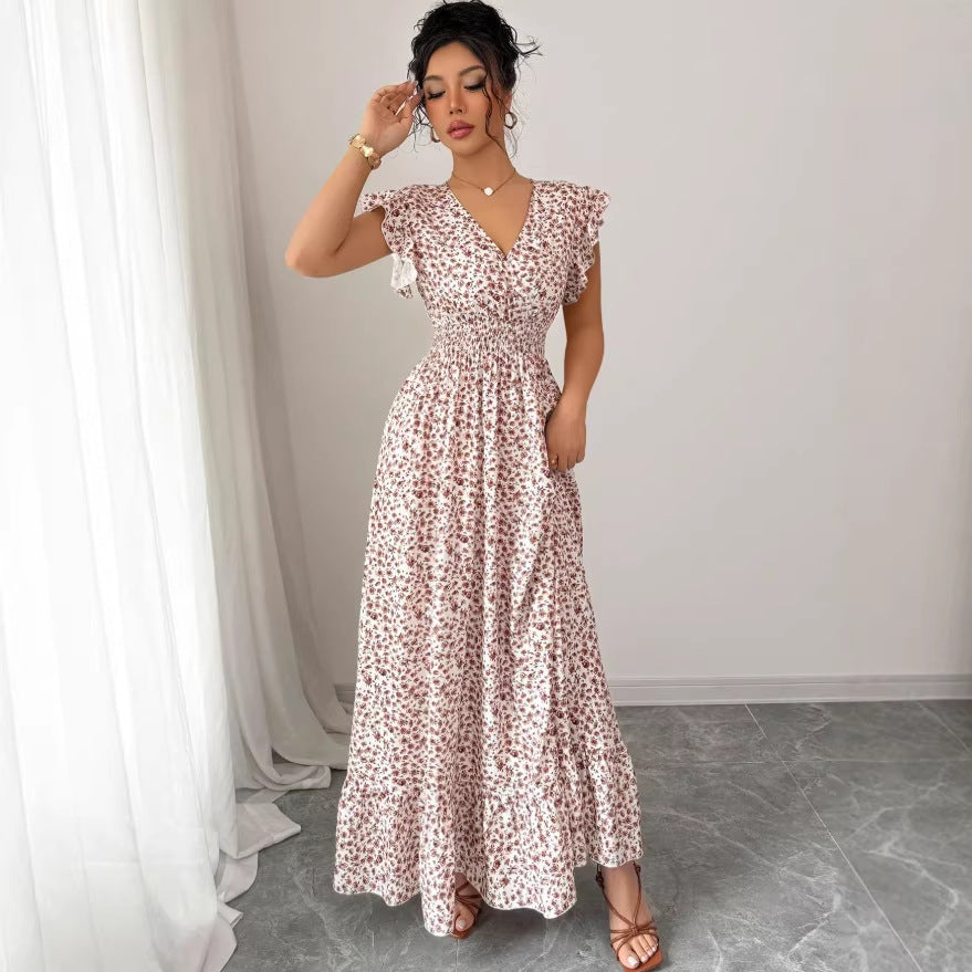 new cross-border women's fashion french & european style printed maxi dress