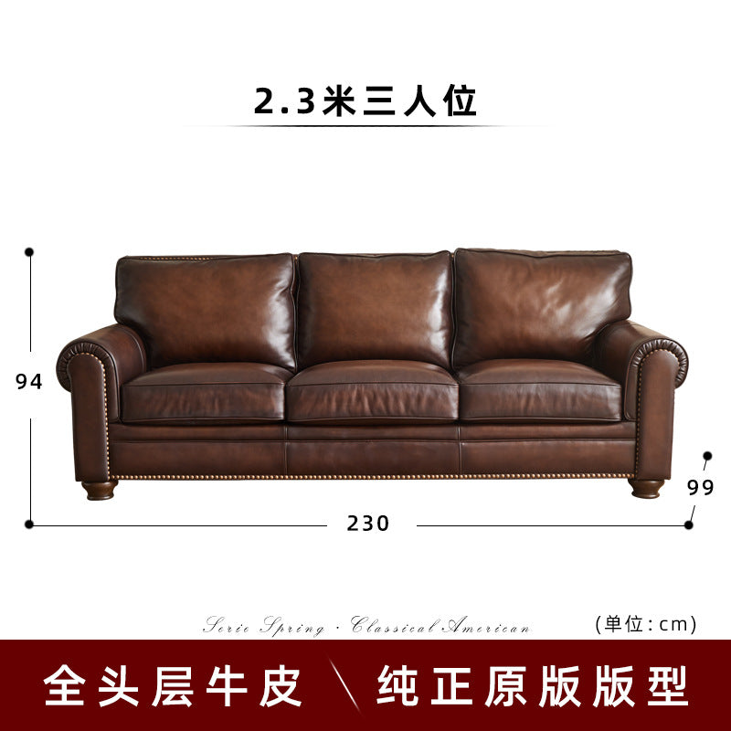 American sofa baton brown hand-rubbed full leather first-layer cowhide three-person row retro living room furniture