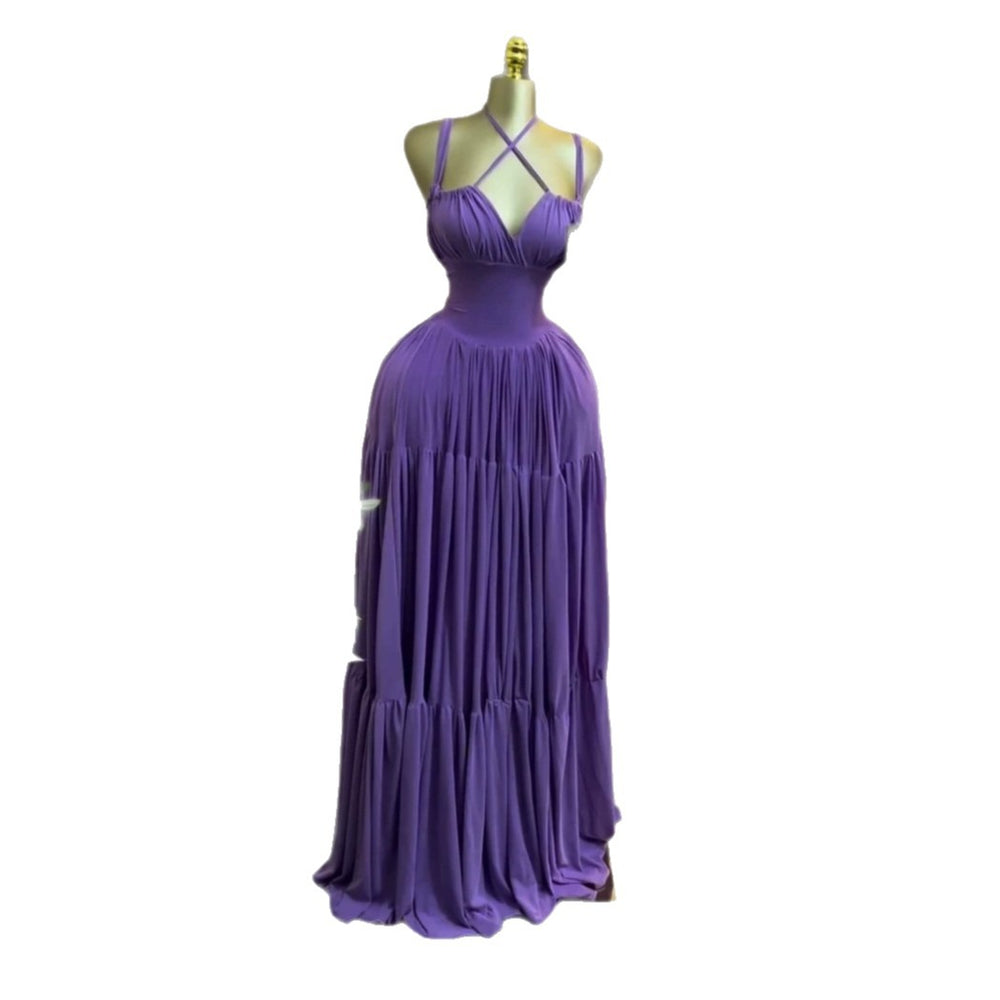 European and american cross-border women's clothing:  summer new arrival - elegant and chic ruched high-waisted long dress with spaghetti straps