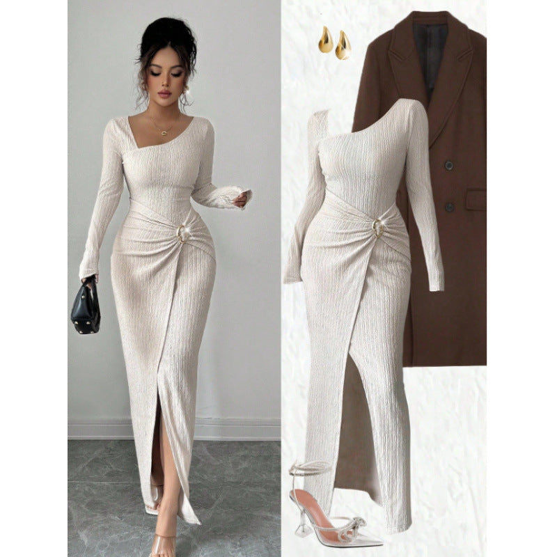 spring/summer new women's slim-fit bodycon fashionable slimming slit square neck long sleeve knitted dress