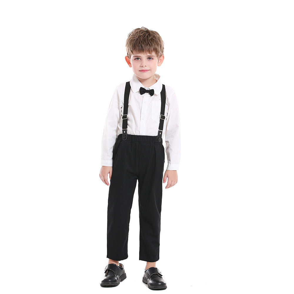 spring new boys' korean style outfit: long-sleeved shirt & striped overalls two-piece gentleman's children's clothing wholesale