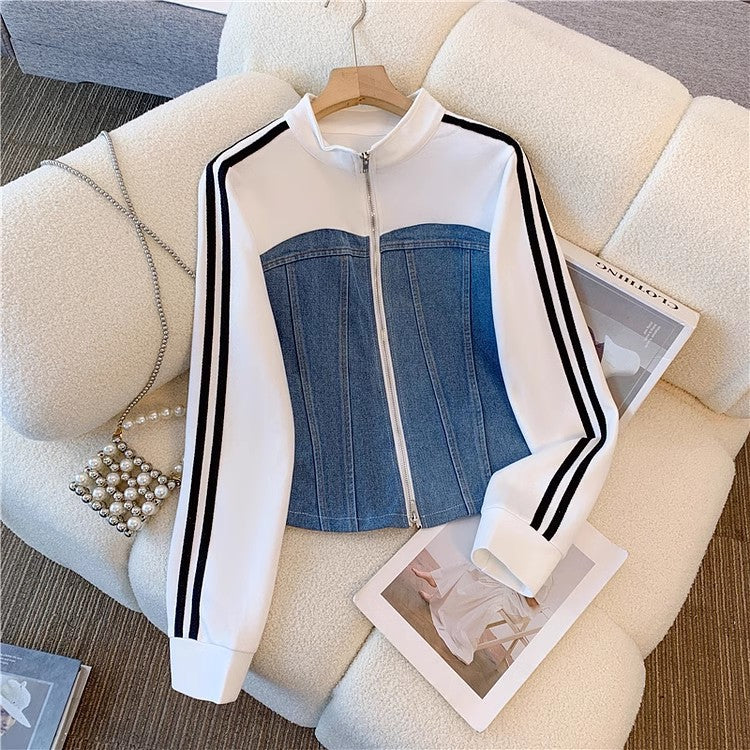 Fashionable zipper denim two-piece set - spring/autumn 2025 new collection: denim patchwork long-sleeve top & wide-leg pants