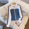 Fashionable zipper denim two-piece set - spring/autumn 2025 new collection: denim patchwork long-sleeve top & wide-leg pants