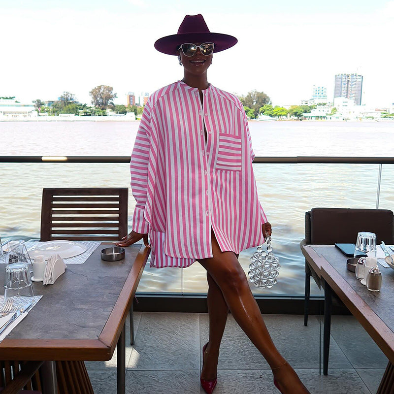 European and american cross-border women's fashion:  autumn new collection - striped crew neck long sleeve shirt and wide leg shorts set