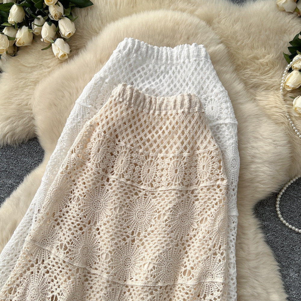 K-style heavy industry cut outknitting crochet skirt women's summerhigh waistslimming look a-line skirt tassel patchwork medium long