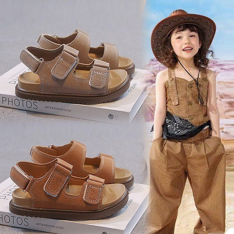 Girls' retro velcro sandals -  summer new arrivals: versatile, comfortable, and casual flat sandals for kids, perfect for beach and everyday wear
