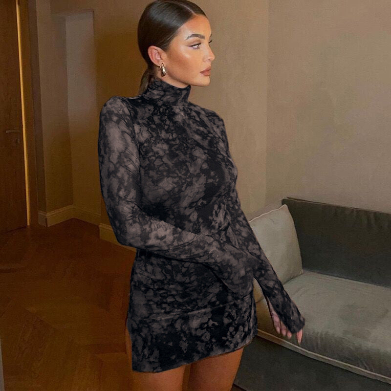 autumn  cross-border fashion dress - european & american style, women's mock neck printed long sleeve slit bodycon dress
