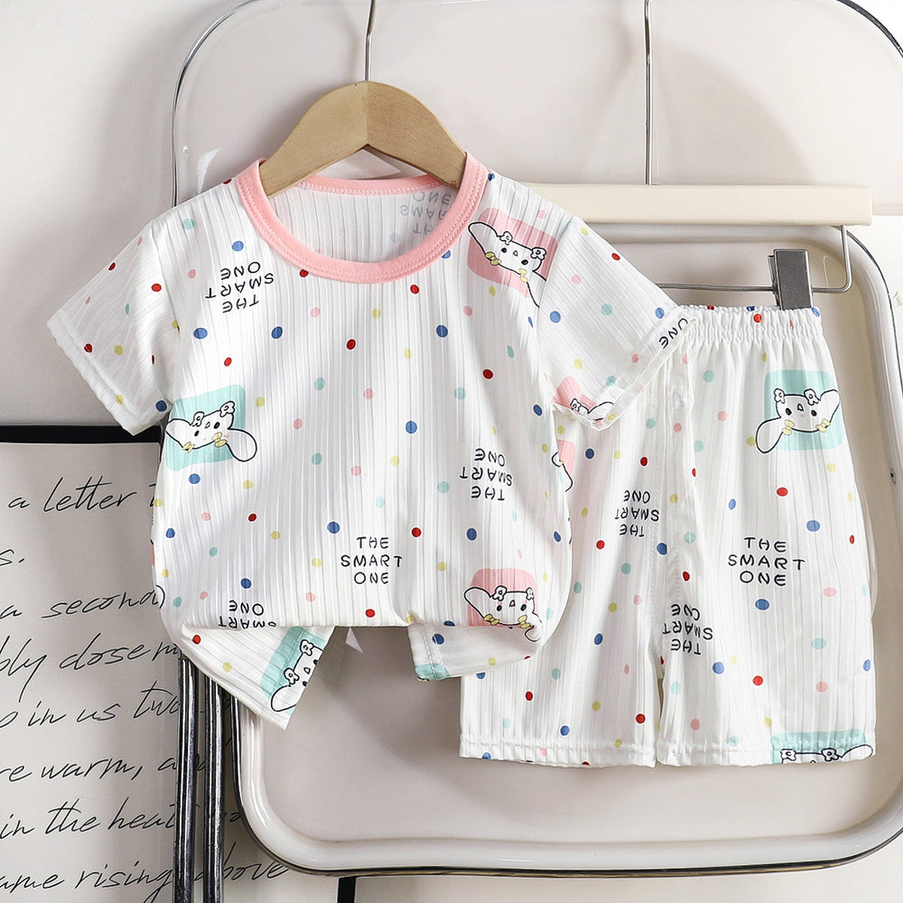 Summer kids' ice silk short sleeve and shorts set - lightweight air conditioning clothing for boys and girls - wholesale baby pajamas and loungewear