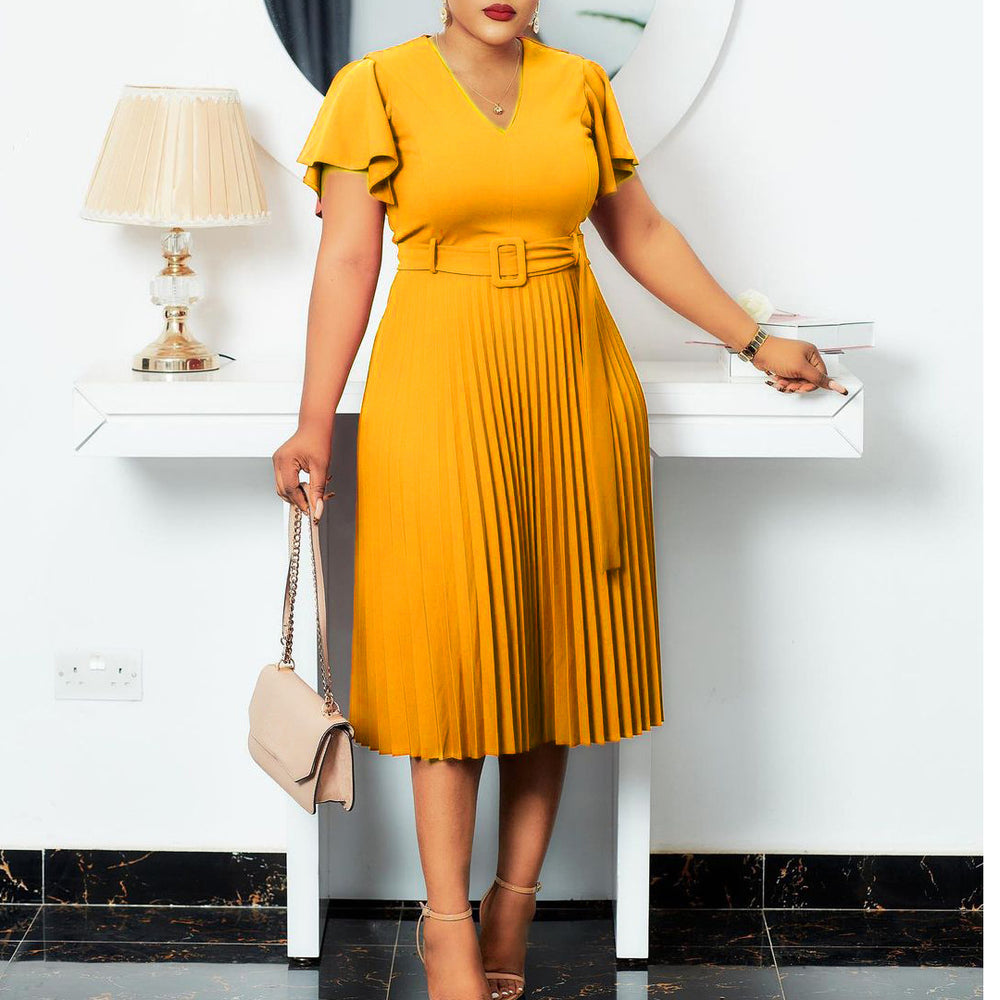D135t exportv neckruffle sleeve cross-border plus sizepleated africanladieswearfashion cross-border dress