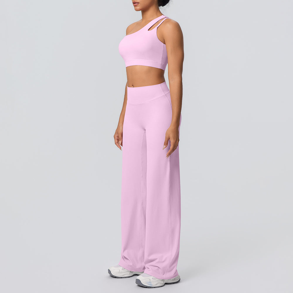 Cloud-feel casual one-shoulder racerback high-waisted butt-lifting straight-leg wide-leg activewear yoga set for women - perfect for outdoor running and fitness