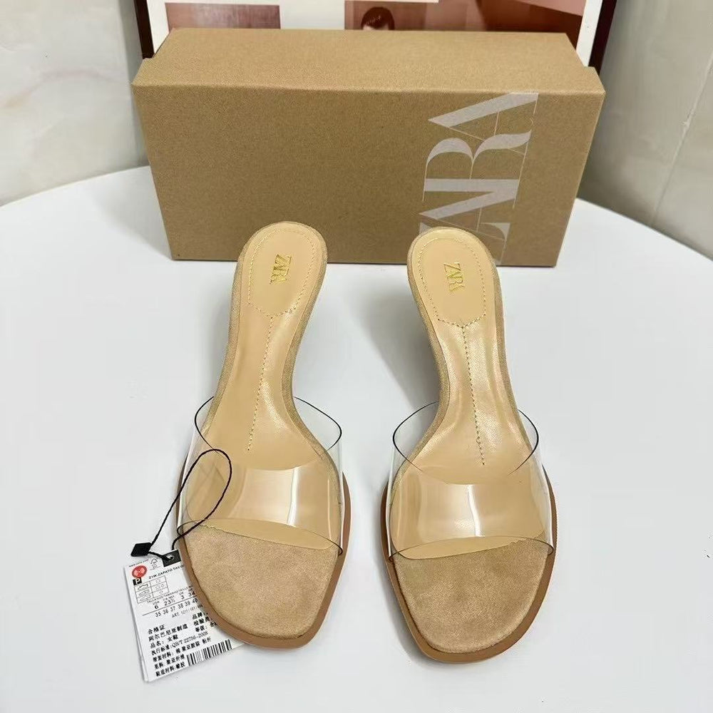 Za2025 summer women's open-toe heeled sandals - stiletto, transparent thong, crystal heel