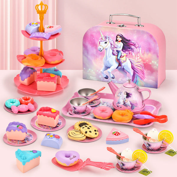 Cross-border export afternoon tea children play house simulation tinplate tea set toy afternoon tea dessert set manufacturer