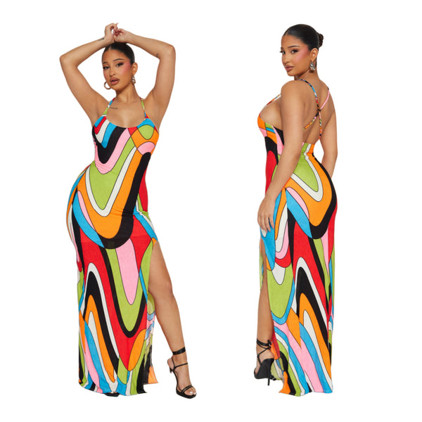 YDT004-E6 European and American women's clothing, 's new models, sexy neck rainbow printed dresses,  women's clothing