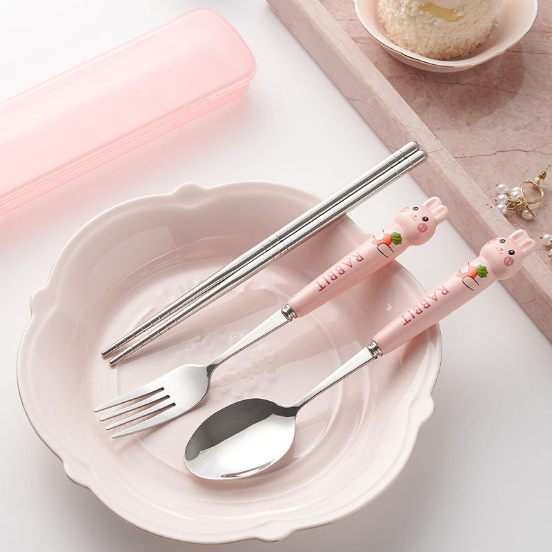 Cartoon rabbit portable cutlery set - 3-piece stainless steel spoon and chopsticks with ceramic handle