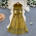 European and american fashion high-end elegant heavy beaded suit collar long sleeve cinched waist ruffle trim mesh panel dress for women