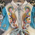 European and american cross-border  spring/summer new print fashion short sleeve puff sleeve tie-waist maxi dress for women