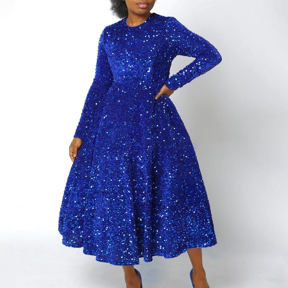D469 cross-border new women's round neck long sleeve solid color sequin high waist elegant midi dress european and american style