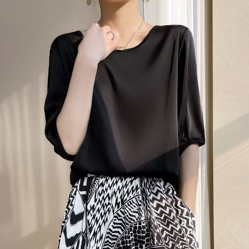 Faux silk five-sleeve t-shirt for women - new summer collection, elegant and relaxed fit, mid-sleeve tee, crew neck top