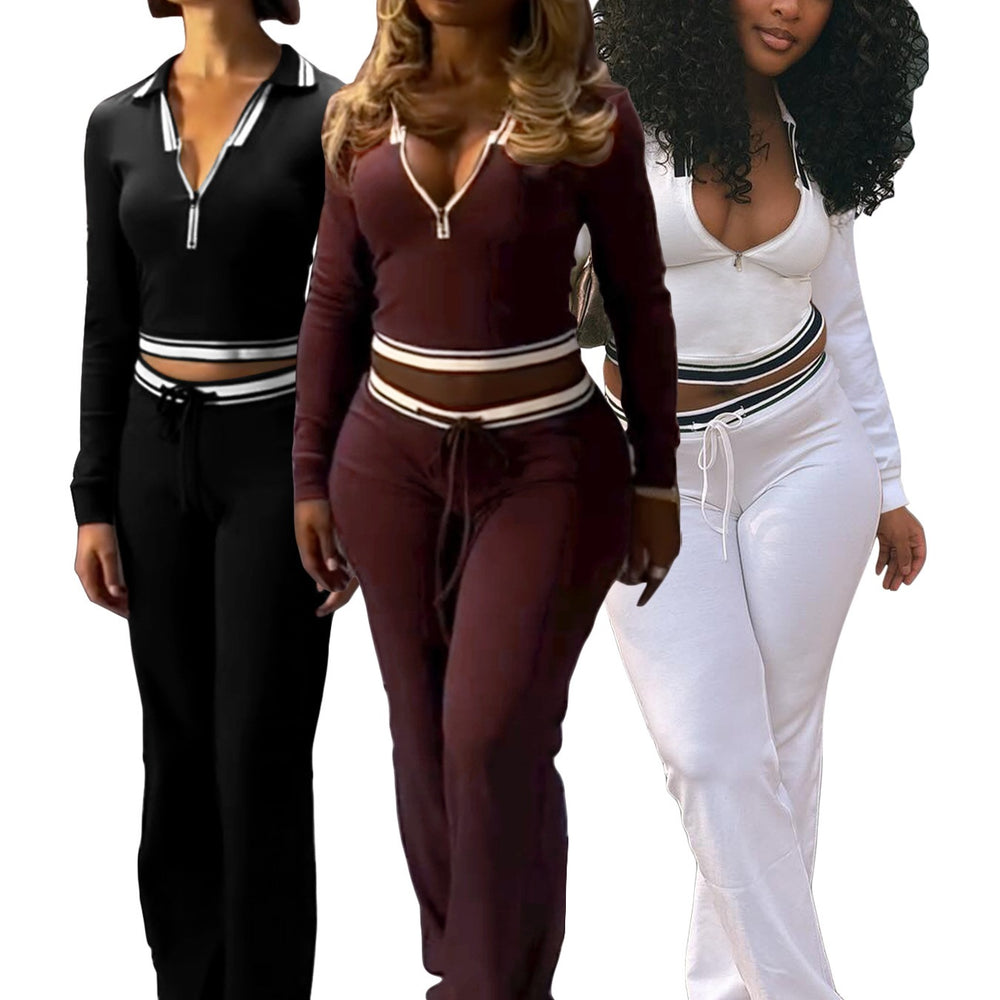 Export fashionfashion women's lapel half zipper drawstring loose pants retro street trendy two-piece setsuit women