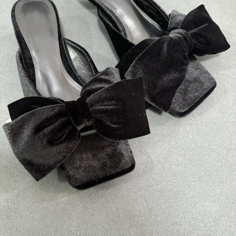 Z's new women's shoes black xishi velvet bows square toe open toe low heel shoes stiletto outwear sandals