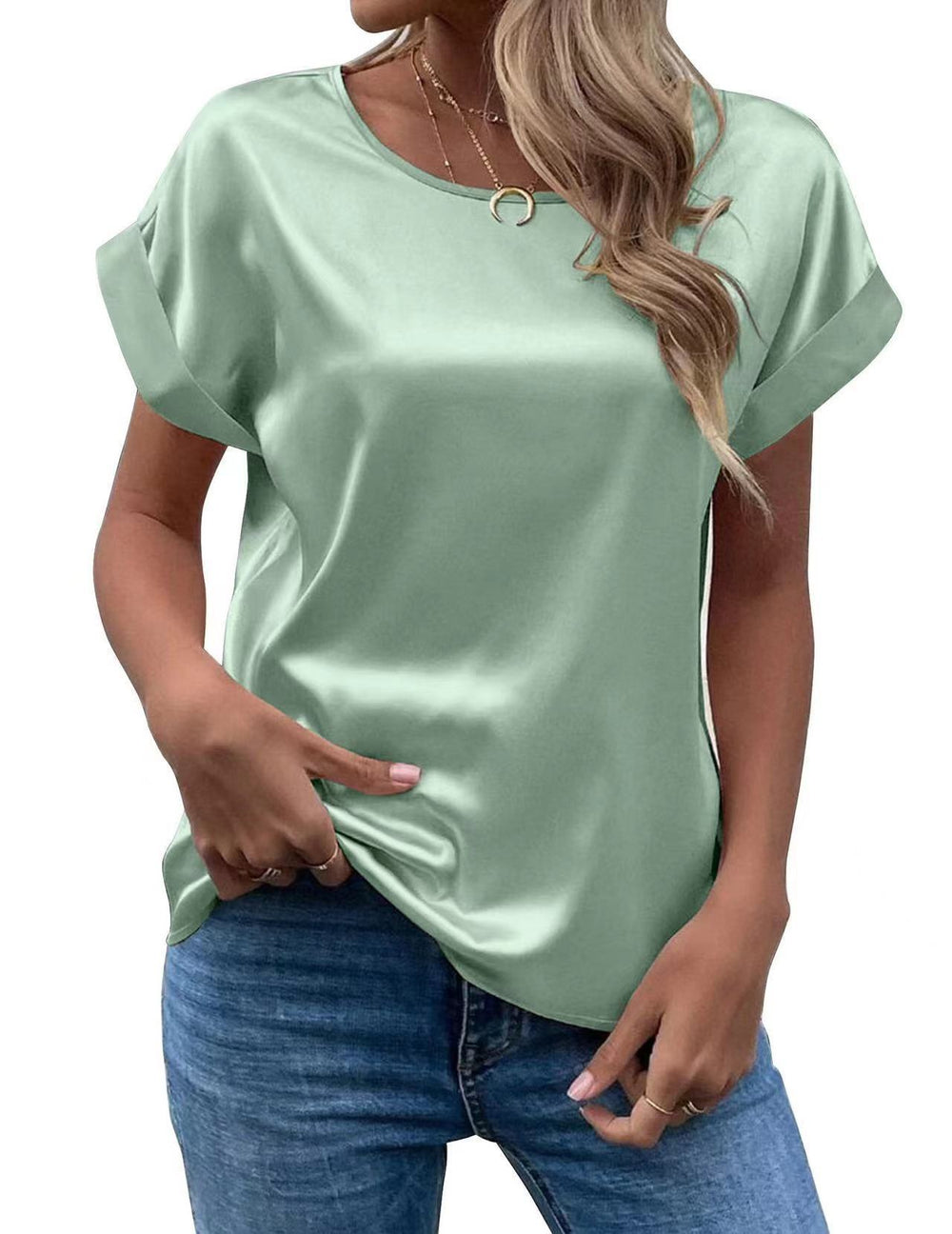 Women's short-sleeve satin blouse - relaxed fit, versatile crew neck, satin shirt - cross-border   new arrival