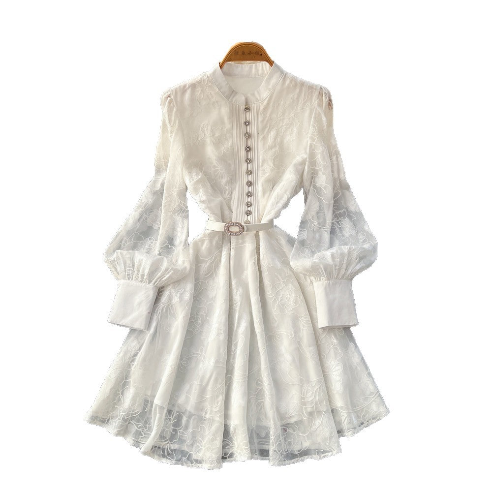 French style court lantern sleeve embroidered dress - women's spring/summer cinched waist cutout single-breasted a-line dress - elegant