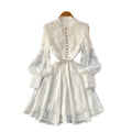 French style court lantern sleeve embroidered dress - women's spring/summer cinched waist cutout single-breasted a-line dress - elegant