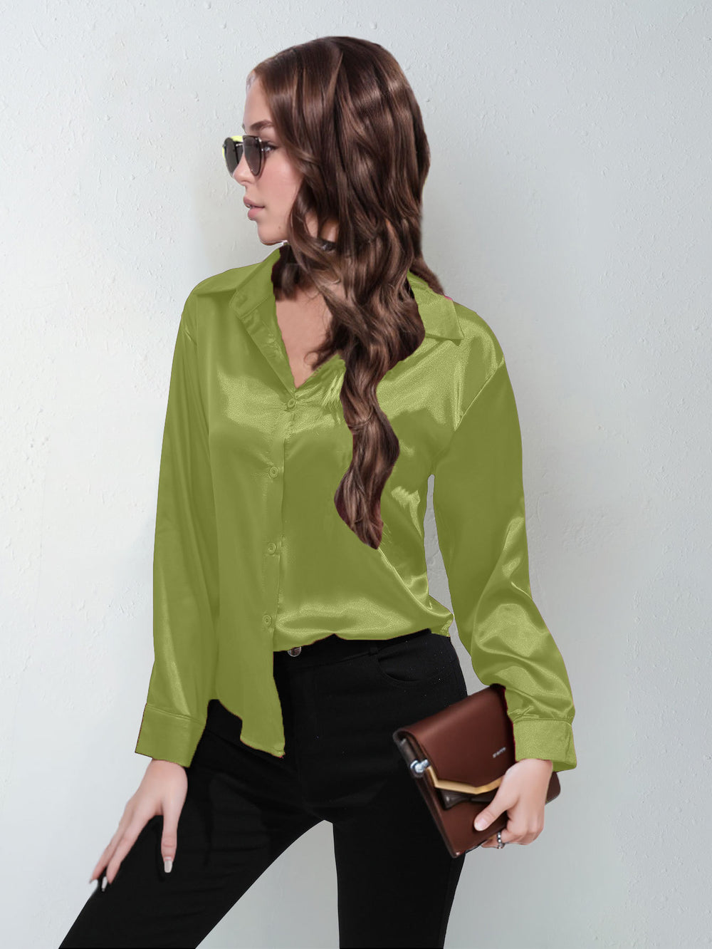 Satin shirt women's satinartificial silk long sleeves  best sellingpure colortopselegance button front lapel shirt