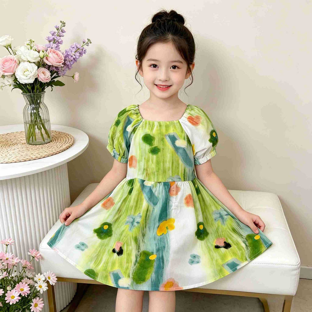 【matching family outfit】girls' summer dress - fresh green bubble sleeve dress for kids, sweet and adorable baby girl clothing