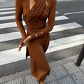 autumn european and american style women's cross-border new fashion elegant slim-fit solid color halter neck long sleeve dress