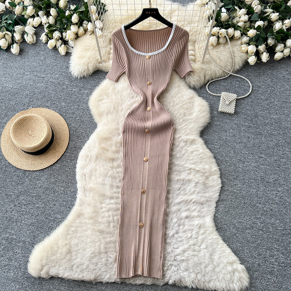 French hepburn style burgundy knittingdress women's summerk-style single-breasted silmelegant long skirt work clothing