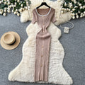 French hepburn style burgundy knittingdress women's summerk-style single-breasted silmelegant long skirt work clothing