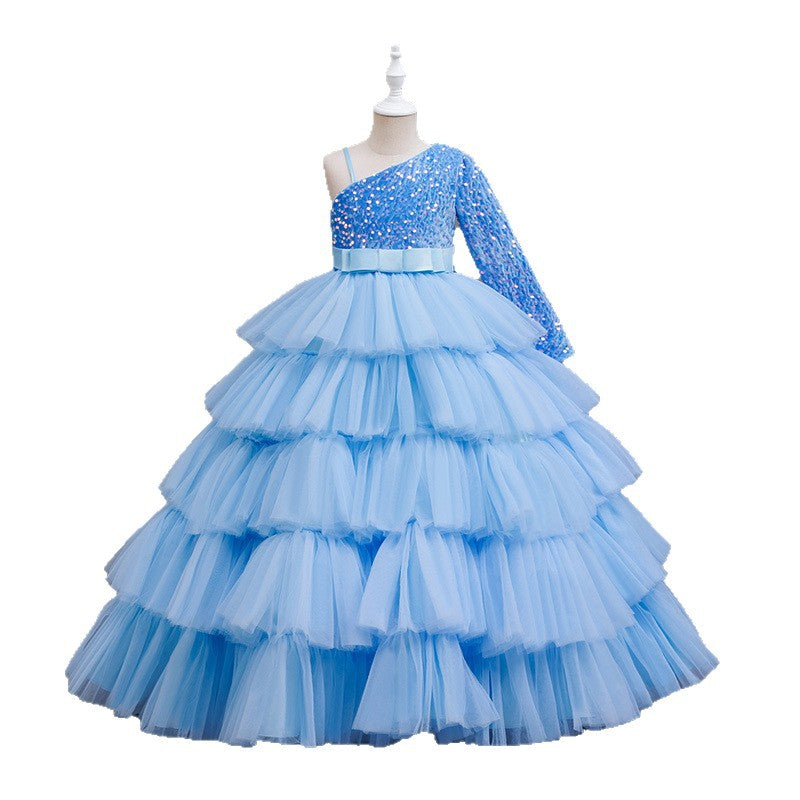 European and american style girls' birthday party one-shoulder princess dress, children's piano performance evening gown, sequin patchwork, cross-border wholesale