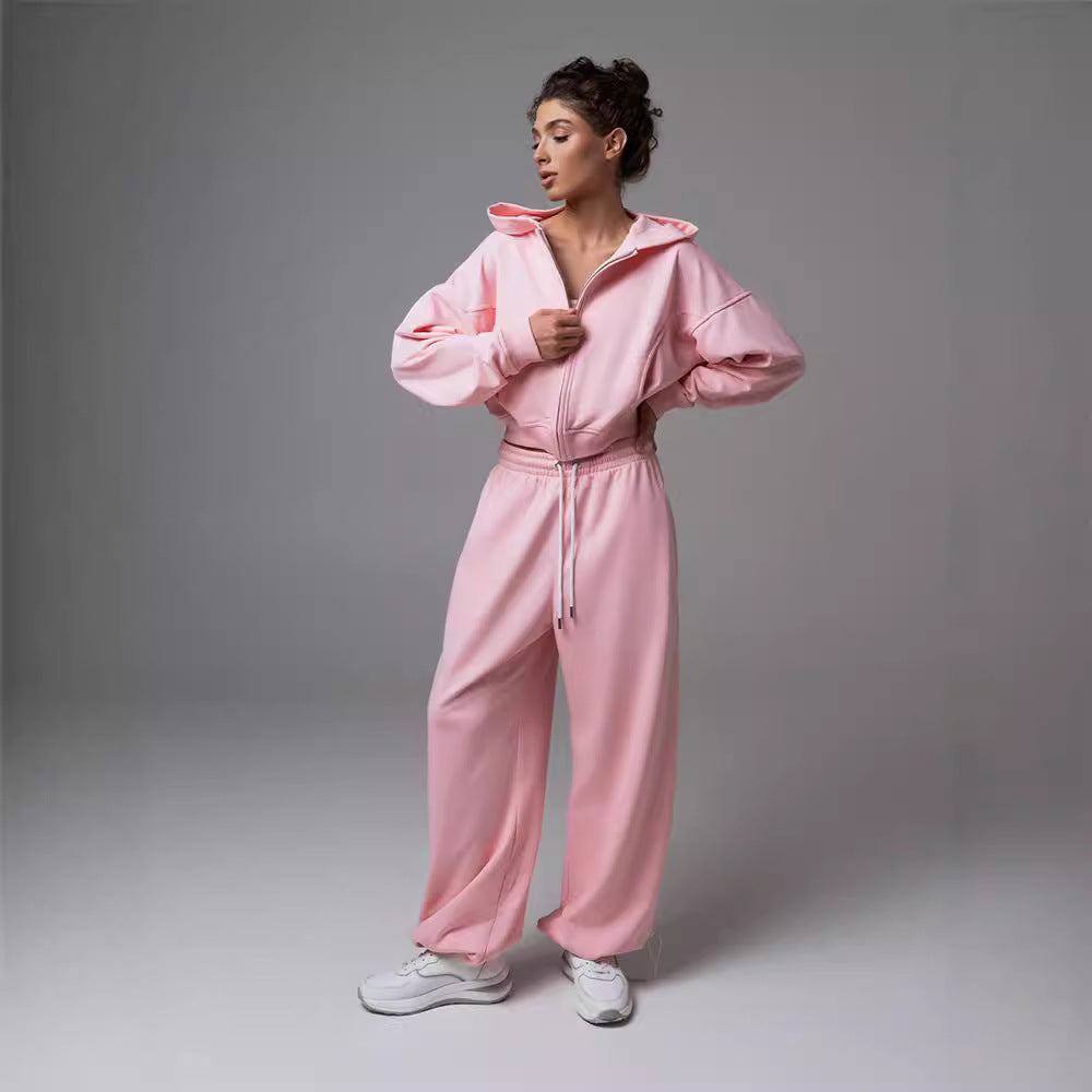 Cross-border European and American women's clothing fashion hooded sweater cardigan drawstring trousers set casual sweatshirt lace-up trousers