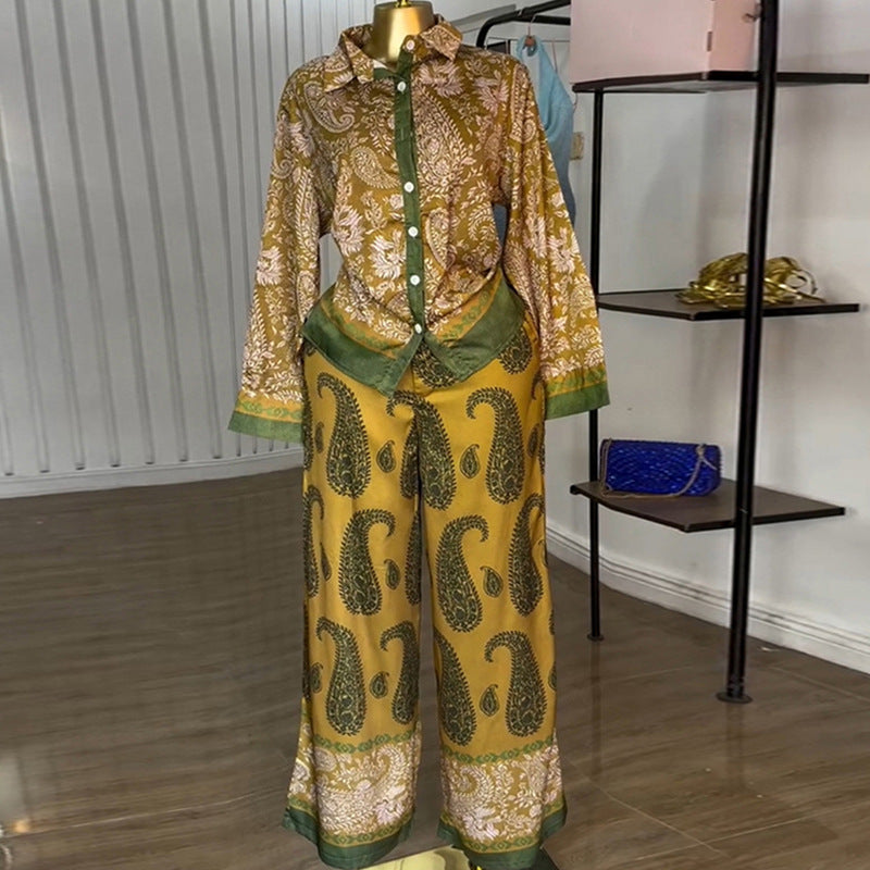 European and american cross-border women's fashion  autumn new casual turn-down collar printed loose long-sleeve shirt and wide-leg pants set