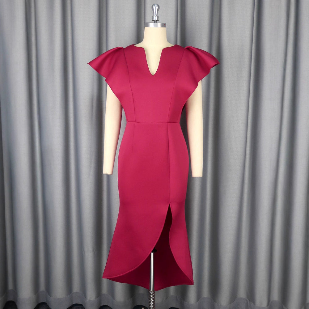 new v-neck flutter sleeve dress ruffle trim bodycon party evening gown